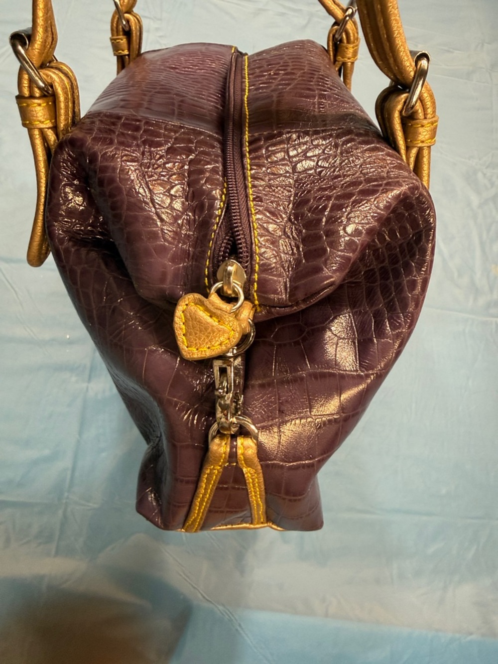 Sharif Purple Croc-Embossed Satchel with Gold Trim - Picture 15 of 16